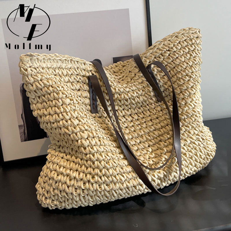 Luxury Bags Tote - กระเป๋าโท้ทสานจากวัสดุธรรมชาติ ดีไซน์หรูหรา ขนาดใหญ่ จุของได้เยอะ เหมาะสำหรับใช้ในชีวิตประจำวัน กระเป๋าสะพายไหล่สำหรับไปชายหาด